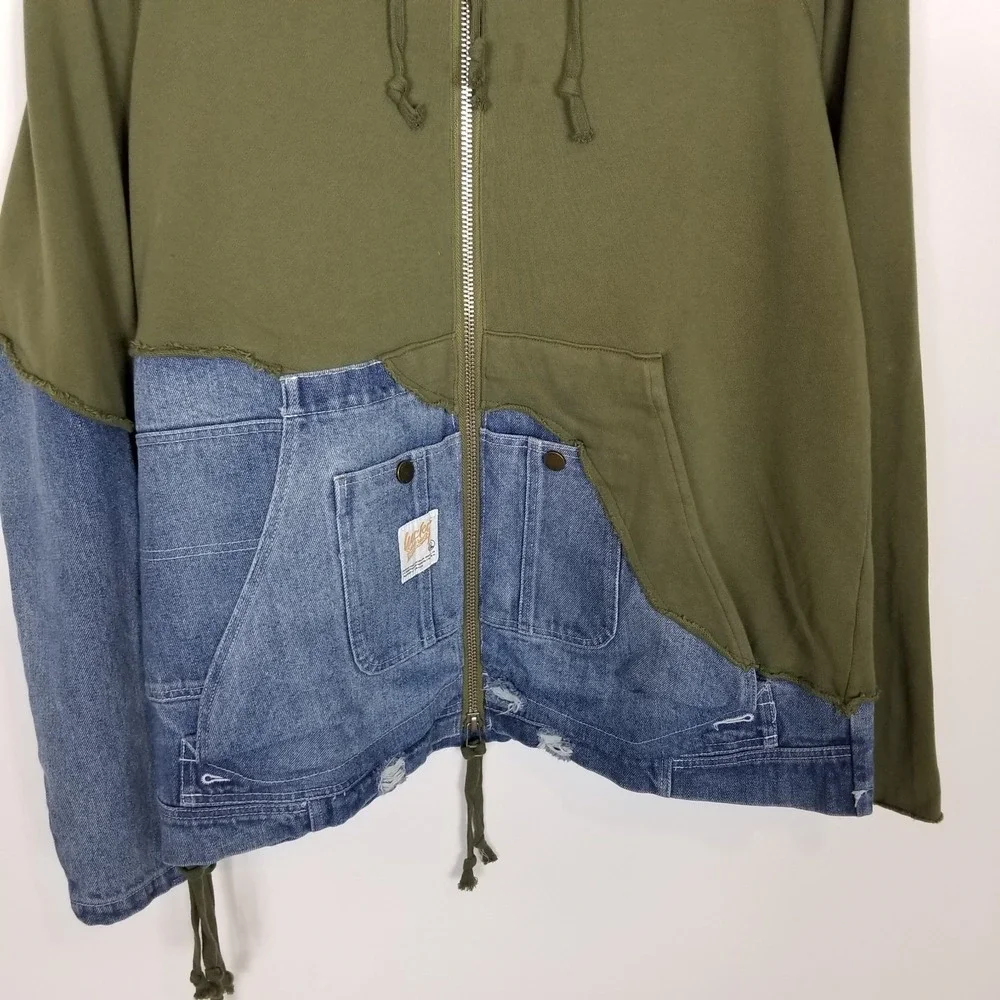 Lucky Sartorius Men Green Denim Patchwork Full Zip Hooded Jacket Sz XL‎ Pockets